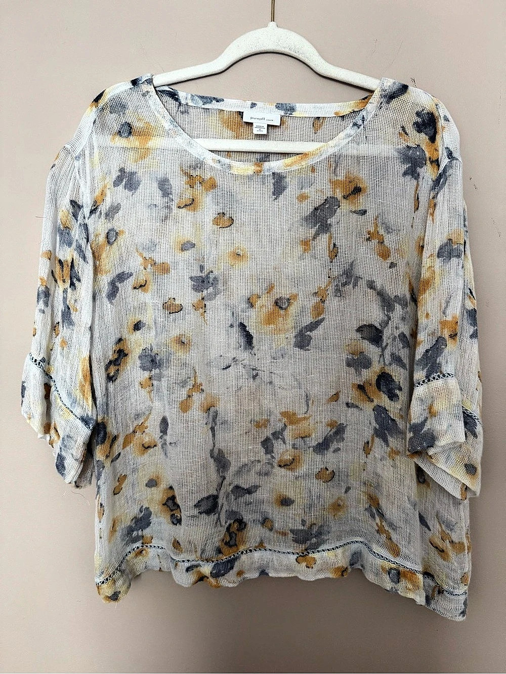 purejill Abstract Linen Blouse in Gray & Yellow Like New